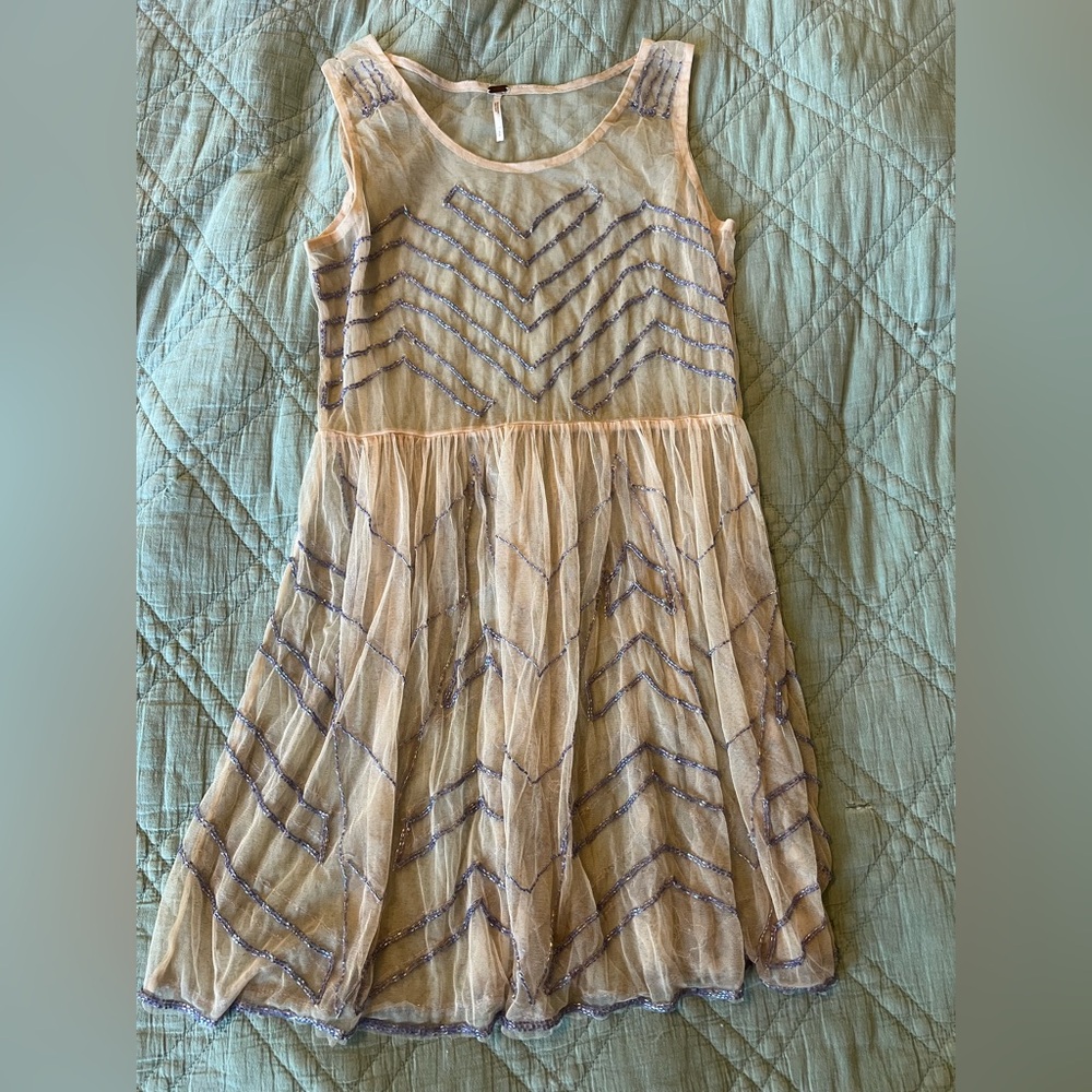 Free people beaded sequin mesh slip mini sheer dress small